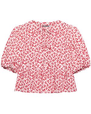 Mint Velvet Women's White Bow Print Puff Sleeve Top - Pink