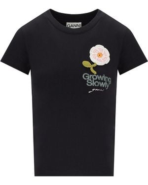Ganni Baby Fit Crochet Anthracite T Shirt - Black
