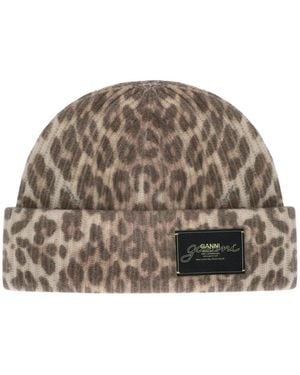 Ganni Ribbed Beanie With Animal Print - Brown