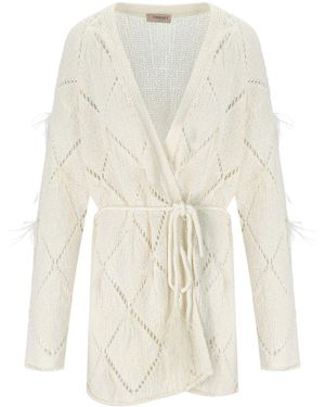 Twinset Cardigan Con Piume Panna - Bianco