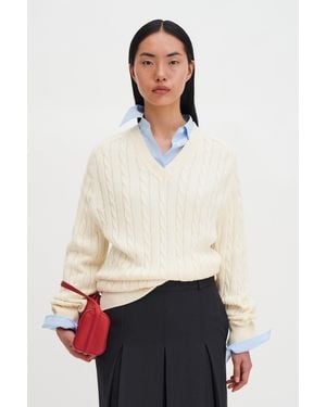 Filippa K Braided Cotton V-Neck Sweater - White