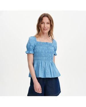 Finery London Cynthia Gingham Seersucker Shirred Puff Sleeve Top - Blue