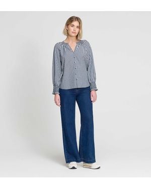 Finery London Sandy Cotton Gingham Long Sleeve Shirred Collar Blouse - Blue