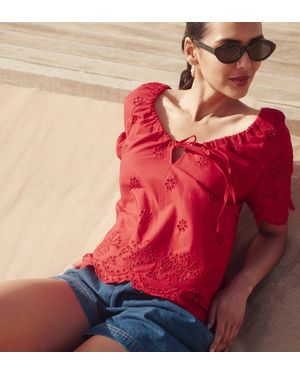 Finery London Ruthie Floral Broderie Cotton Tie Neck Top - Red