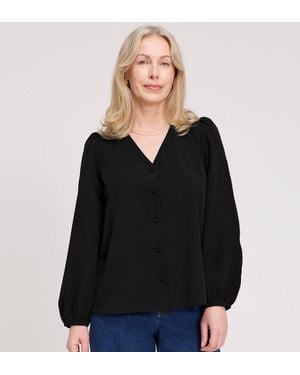 Finery London Elvora Button Up V-Neck Top - Black