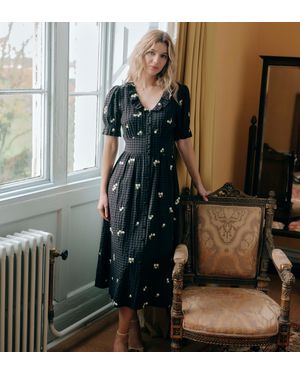 Finery London Aoife Embroidered Gingham Seersucker Midi Dress - Black