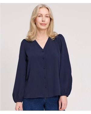 Finery London Elvora Button Up V-Neck Top - Blue