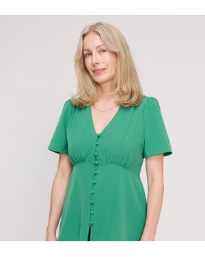 Finery London Maryam Button Up V-Neck Short Sleeve Top - Green