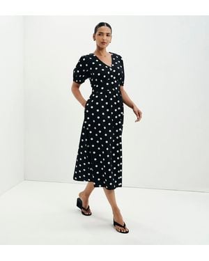 Finery London Addison Polka Dot Cotton Button-Through Smock Midi Dress - Black