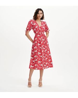 Finery London Margot Puff Sleeve Button Through Midi Dress - Red