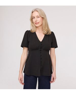 Finery London Maryam Button Up V-Neck Short Sleeve Top - Black
