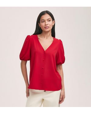 Finery London Fleur Crepe Short Sleeve Button Up Blouse - Red
