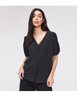 Finery London Fleur Polka Dot Puff Sleeve Button-Through Top - Black