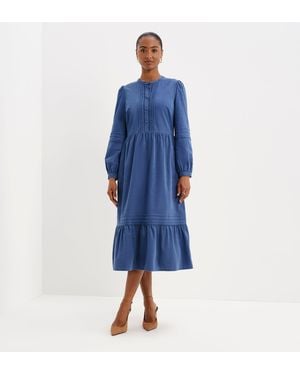 Finery London Cristina Corduroy Pintuck Lace Trim Tiered Midi Dress - Blue