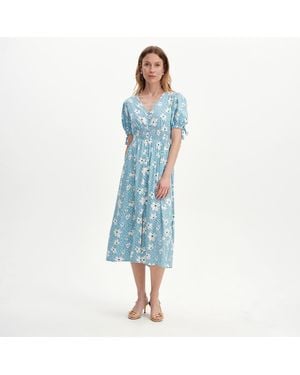 Finery London Margot Puff Sleeve Button Through Midi Dress - Blue