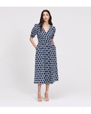 Finery London Samantha Polka Dot Button Through Midi Dress - Blue