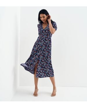 Finery London Robyn Button Through V-Neck Midi Dress - Blue