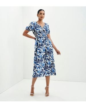 Finery London Dolly Puff Sleeve Shirred Waist Smock Midi Dress - Blue