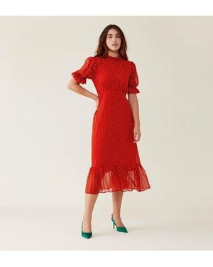 Finery London Camille Rust Polka Dot Chiffon Midi Dress - Red