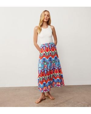 Finery UK Sophia Linen Blend Midi Skirt - Red