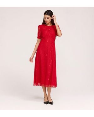 Finery London Mela Round Neck Puff Sleeve Midi Tea Dress - Red