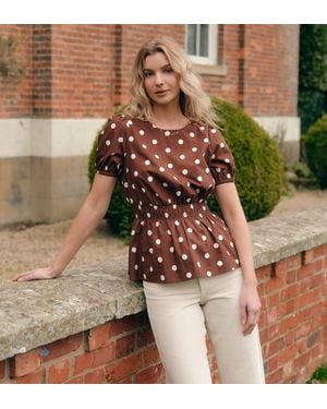 Finery London Raya Polka Dot Cotton Puff Sleeve Elasticated Waist Top - Brown