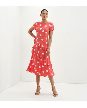Finery London Sierra Polka Dot Asymmetric Frill Midi Tea Dress - Red