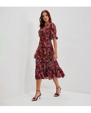Finery London Jennifer Satin Stripe Chiffon Frill Midi Dress - Red