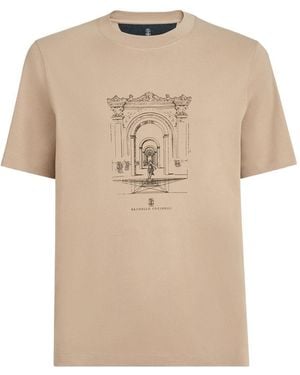 Brunello Cucinelli Cotton Interlock Crew-neck T-shirt With Print - Natural