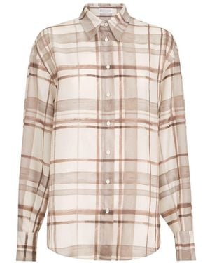 Brunello Cucinelli Silk Pongèe Shirt In Macrocheck Print - White