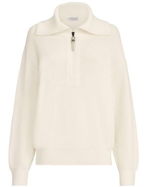 Brunello Cucinelli Cotton English Rib Jumper With Shiny Zipper Pull - White
