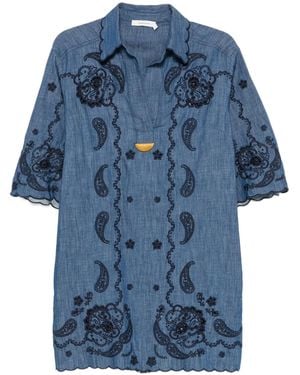 Zimmermann Mini Aster Paisley-embroidered Scalloped Dress - Blue