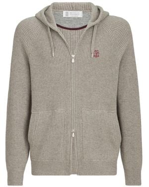 Brunello Cucinelli Cashmere English Rib Hooded Knit Sweatshirt - Gray