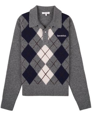 SPORTY&RICH Serif Logo Argyle Cashmere Polo - Gray/navy/ecru - Grey