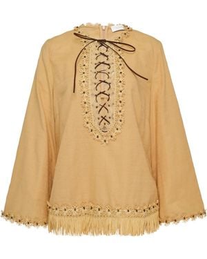 Zimmermann Lace-up Fringed Blouse - Natural
