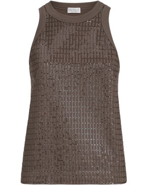 Brunello Cucinelli 'Dazzling Check Embroidery' Top - Brown
