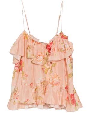 Zimmermann Floral-print Ruffled Top - Pink