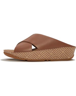 Fitflop Lulu Lux Graphic-Weave Leather Cross Slides - Brown