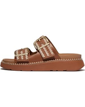 Fitflop Women Gen-ff Buckle V-weave Two-bar Slides Leather/webbing - Brown