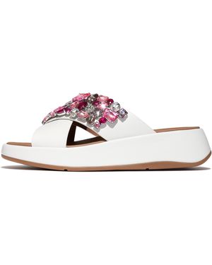 Fitflop F-Mode Jewel-Deluxe Leather Flatform Cross Slides - White