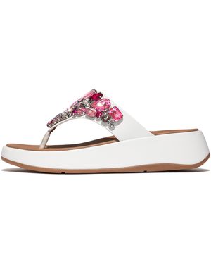 Fitflop F-Mode Jewel-Deluxe Leather Flatform Toe-Post Sandals - White