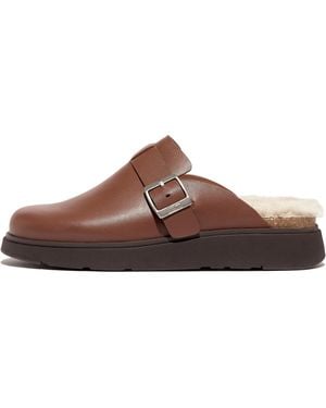 Fitflop Gen-ff Mens Buckle Shearling-footbed Leather Mules - Brown