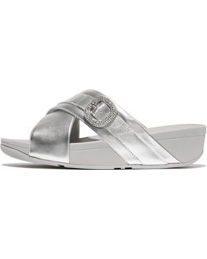 Fitflop Lulu Crystal-buckle Metallic-leather Cross Slides Sandal in White |  Lyst UK