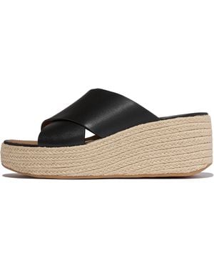 Fitflop Platfforms Espadrille Leather Wedge Cross Slides - Black