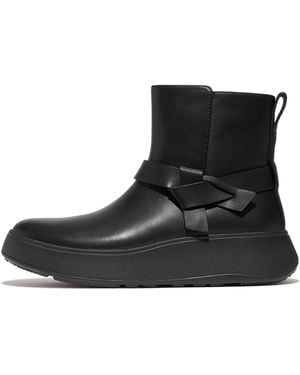 Fitflop F-Mode Folded-Knot Leather Flatform Short Boots - Black