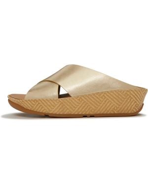Fitflop Lulu Lux Graphic-Weave Metallic-Leather Cross Slides - Natural