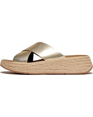 Fitflop Women F-mode Espadrille Metallic-leather Flatform Cross Slides, Markdown - Natural