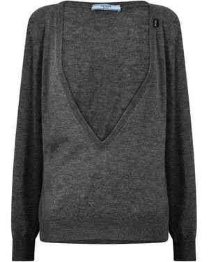 Prada V-Neck Jumper - Grey
