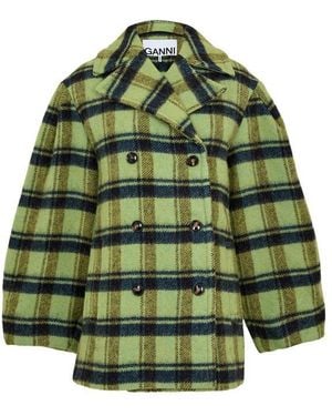 Ganni Brushed Wool Check Teddy Coat - Green