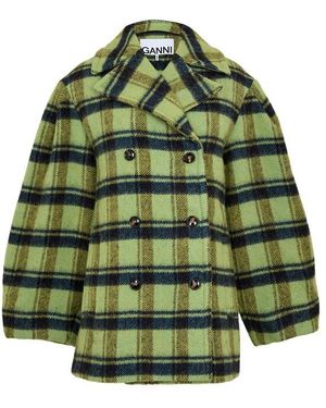 Ganni Brushed Wool Check Teddy Coat - Green